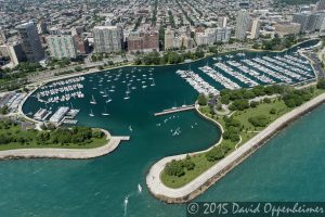 Chicago Yacht Club and Belmont Yacht Club in Belmont Harbor - Chicago Aerial Photo