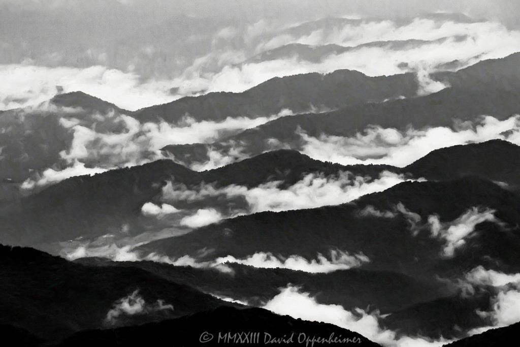 Blue Ridge Mountains Cloud Inversion in Black and White Aerial View