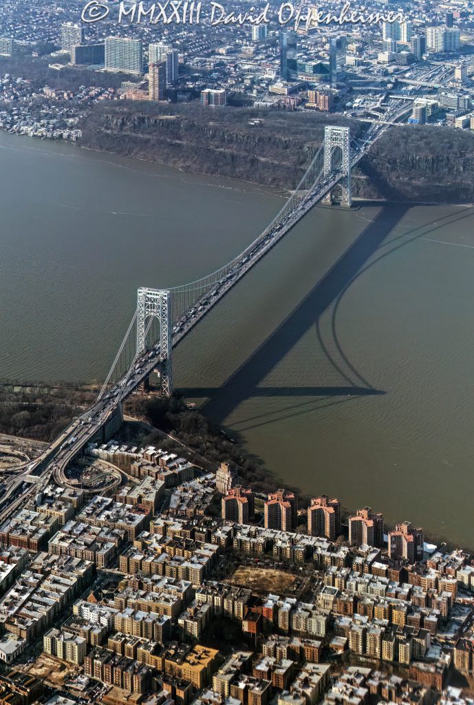 George Washington Bridge and Hudson Heights on the Hudson River in New York City Aerial View