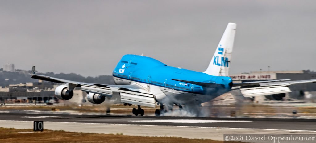 KLM Royal Dutch Airlines Boeing 747 Airplane Landing at San Francisco Airport in San Francisco, California