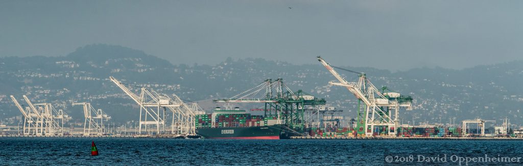 Evergreen Freight Ship and Cargo in Port of Oakland, California