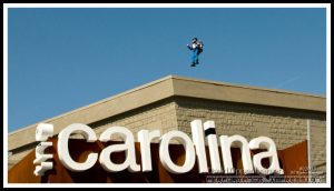 Rocketman Dan Schlund with Rocket Belt Jet Pack Flying Over Carolina Cinemas